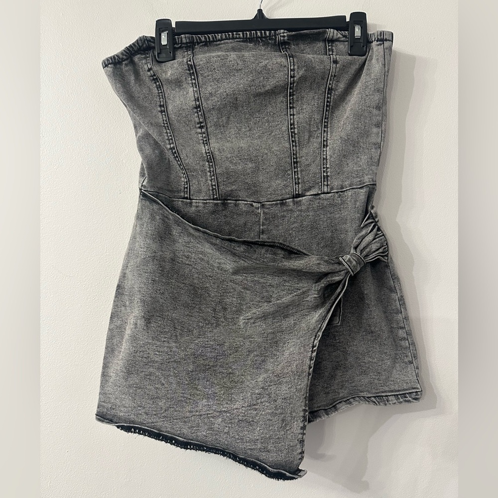 Gray Strapless Denim Romper with Wrap Tie